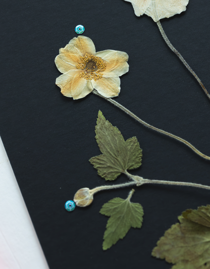 A pressed botanical art piece featuring a pale yellow wildflower with green leaves and stems, mounted on a dark charcoal background with small blue decorative beads.